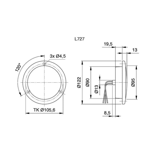 Feu Arrière LED Jokon 3 Fonctions – 10W IP67, Ø122 mm avec Cerclage Chromé et Câble de 500 mm