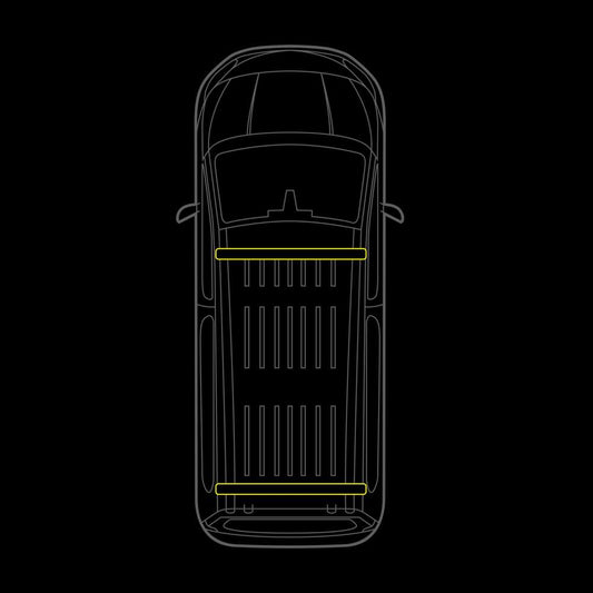 Illustration of SUV4x4CUSTOM Strands Cruise Light C-Rack roof rack kit for Kia PV5, showing mounting and design details.